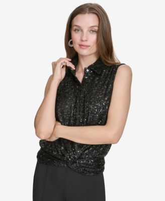 Halston - Women's Sequin Twist-Front Collared Top