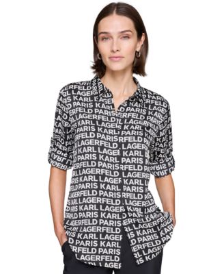 KARL LAGERFELD PARIS - Petite Logo Print Roll-Tab-Sleeves Button-Front Shirt