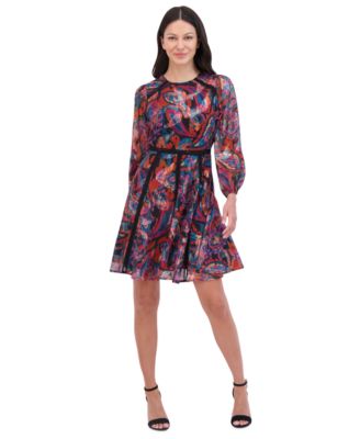 Vince Camuto - Petite Metallic Paisley-Print Lace-Trim Dress