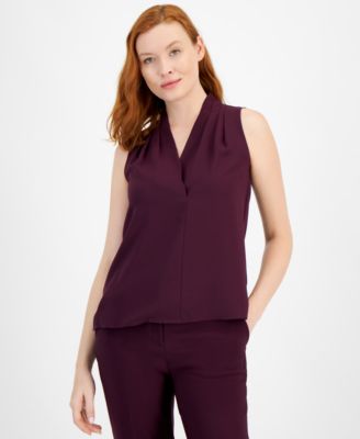 Anne Klein - Women's Solid Pleated-Shoulder Sleeveless Blouse