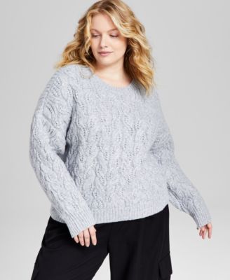 And Now This - Trendy Plus Size Cable-Knit Crewneck Sweater