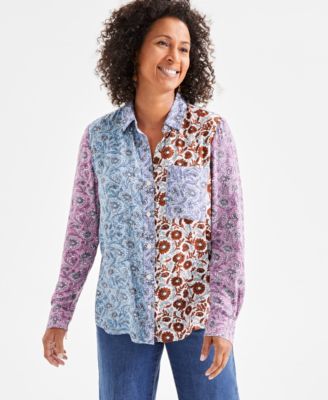 Style & Co - Petite Mixed-Print Button-Down Perfect Shirt