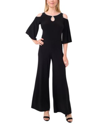MSK - Women's Rhinestone Trim Cold Shoulder Wide-Leg Jumpsuit