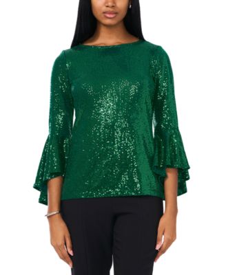 MSK - Women's Sequined Round-Neck Bell-Sleeve Top