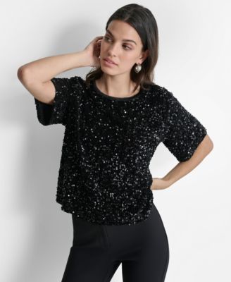DKNY - Women's Round-Neck Stretch Velvet Short-Sleeve Sequin Top