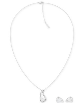 Calvin Klein - Stainless Steel Pav&eacute; Nugget Pendant Necklace & Stud Earrings Set