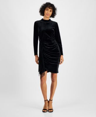 Tahari - Petite Mock-Neck Long-Sleeve Velvet Bodycon Dress