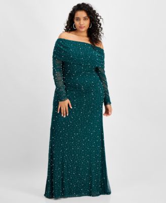B Darlin - Trendy Plus Size Off-The-Shoulder Pearl Gown