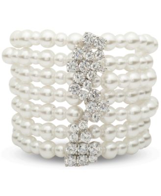 Givenchy - Silver-Tone Crystal & Imitation Pearl Multi-Row Statement Stretch Bracelet