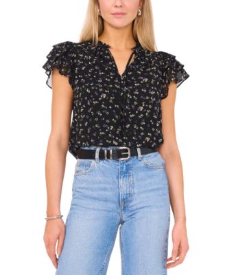 1.STATE - Women's Flutter Sleeve Tie Neck Blouse