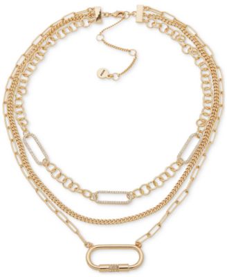 DKNY - Gold-Tone Crystal Oval Pendant Three-Row Mixed Chain Necklace,