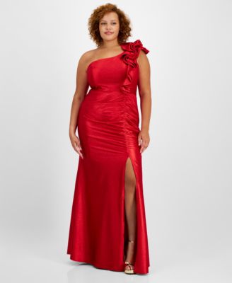 Emerald Sundae - Trendy Plus Size Ruffle-Shoulder Gown