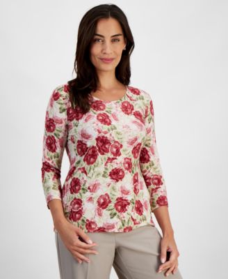 JM Collection - Petite Rosette-Bloom 3/4-Sleeve Jacquard Top