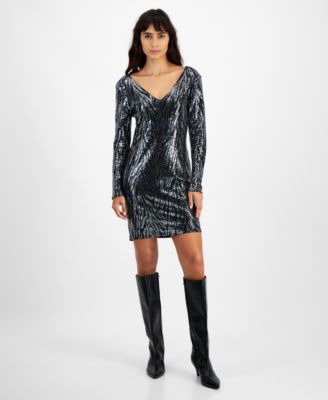 Bar III - Women's Zebra-Sequin Long-Sleeve Mini Dress