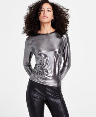 Bar III - Petite Ruched Long-Sleeve Metallic Top