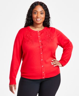 JM Collection - Plus Size Appliqu&eacute; Long-Sleeve Button-Front Cardigan
