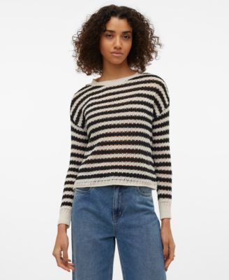 Vero Moda - Women's Spring Striped Crochet Pullover Sweater