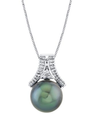 Macy's - Cultured Tahitian Pearl (12mm) & Diamond (1/3 ct. t.w.) 18" Pendant Necklace in 14k White Gold