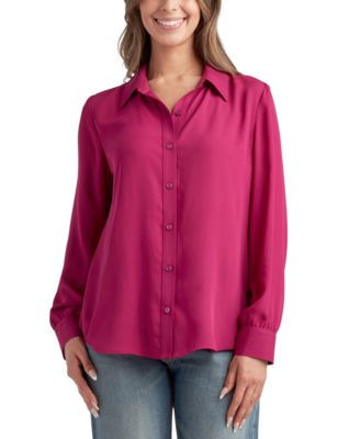 BCX - Juniors' Spread-Collar Long-Sleeve Button-Front Top