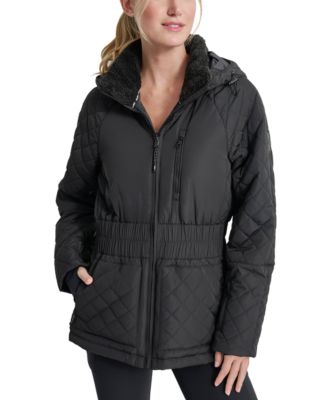 DKNY - Women's Quilted Elastic-Waist Hooded Zipper Jacket