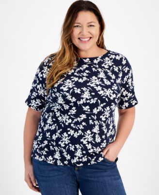 Style & Co - Plus Size Printed Boat-Neck Elbow-Sleeve Top