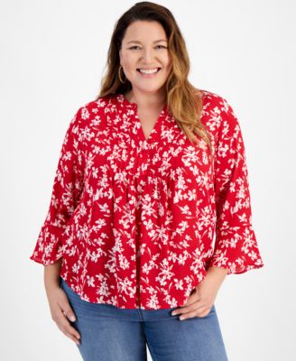 Style & Co - Plus Size Printed V-Neck Pintuck 3/4-Sleeve Top