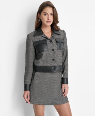 DKNY - Women's Faux-Leather-Trim Button-Front Jacket