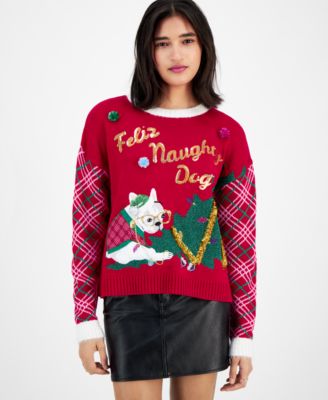 Hooked Up by IOT - Juniors' Feliz Naughty Dog Christmas Sweater