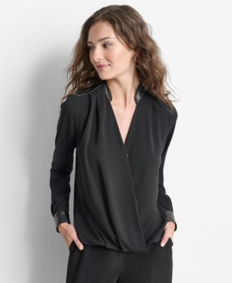 DKNY - Women's Surplice-Neck Faux-Leather Long-Sleeve Blouse