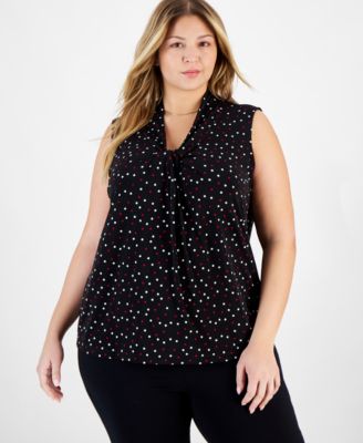 Kasper - Plus Size Dot-Print Knit-Front Sleeveless Top