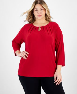 Kasper - Plus Size Pleated Keyhole 3/4-Sleeve Blouse