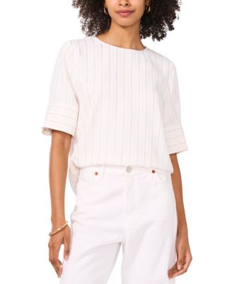 Vince Camuto - Women's Metallic-Stripe Cuffed Short-Sleeve Top