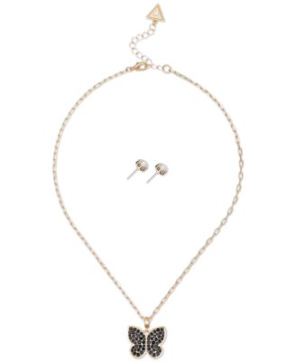 GUESS - Gold-Tone Mixed Crystal Butterfly Pendant Necklace & Stud Earrings Set