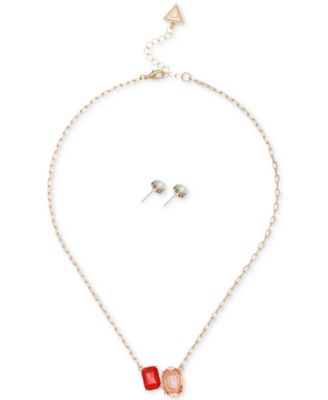 GUESS - Gold-Tone Double Crystal Pendant Necklace & Logo Stud Earrings Set