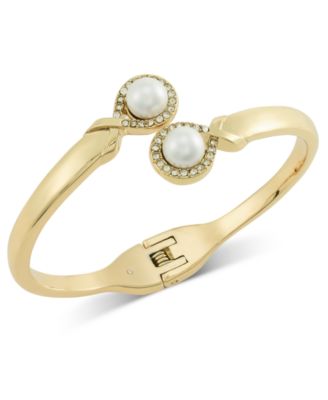 Charter Club - Gold-Tone Pav&eacute; & Imitation Pearl Bypass Bangle Bracelet