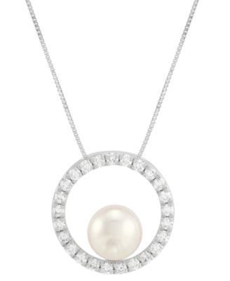 Grown With Love - Freshwater Pearl (8mm) & Lab Grown Diamond (1/2 ct. t.w.) Open Circle 18" Pendant Necklace in 14k White Gold