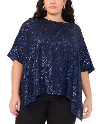 MSK - Plus Size Sequined Boat-Neck High-Low Poncho Top