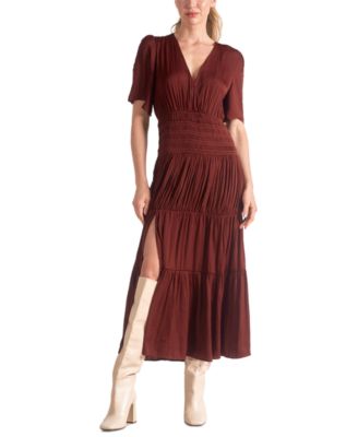 Elan - Women's Short-Sleeve V-Neck Tiered Maxi Dress