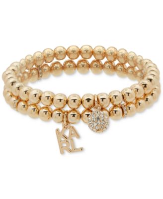 KARL LAGERFELD PARIS - Gold-Tone 2-Pc. Set Logo & Pav&eacute; Fireball Charm Beaded Stretch Bracelets