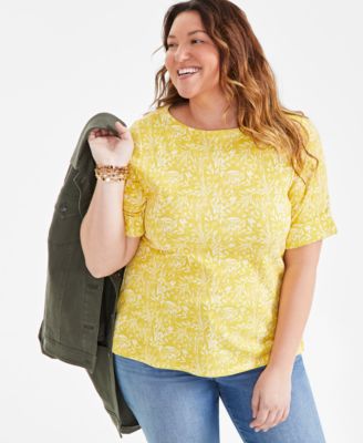 Style & Co - Plus Size Floral-Print Cuffed Vented-Hem Top