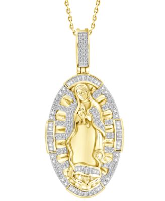 Macy's - Diamond Round & Baguette Our Lady of Guadeloupe Oval Medallion Pendant Necklace (1/4 ct. t.w.) in 10k Gold, 16" + 2" extender