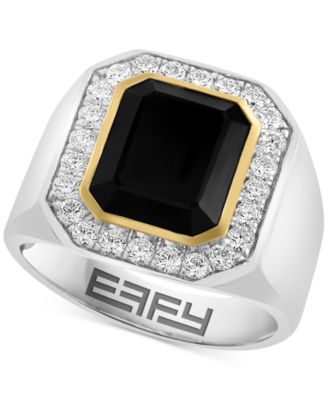 EFFY Collection - Men's Onyx (6 ct. t.w.) & White Zircon (2 ct. t.w.) Ring in 14k Gold Over Sterling Silver & Sterling Silver