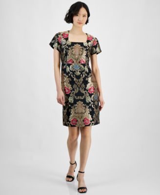 Tahari - Petite Short-Sleeve Embellished Brocade Dress