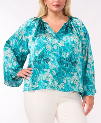 Vince Camuto - Plus Size Printed Split-Neck Long-Sleeve Blouse, Created for Macy's