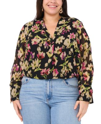 Vince Camuto - Plus Size Floral-Print Split-Neck Long-Sleeve Top