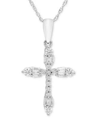 Macy's - Diamond Round & Baguette Cross 18" Pendant Necklace (1/4 ct. t.w.) in 14k White Gold