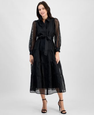 Robbie Bee - Women's Illusion-Stripe Tiered Shirtdress