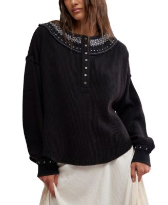 Free People - Women's Holly Henley Embroidered Cotton Top