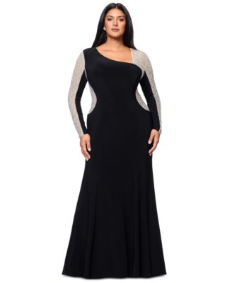 XSCAPE - Plus Size Two-Tone One-Shoulder Asymmetric Gown