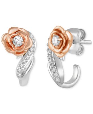 Disney Enchanted Vault - Diamond Belle Rose Curved Drop Earrings (1/10 ct. t.w.) in Sterling Silver & 14k Rose Gold-Plate